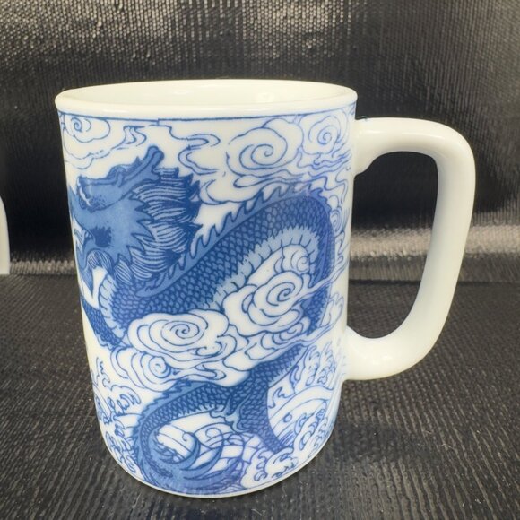 Vintage Chinese Blue Dragon Serpent Coffee Mug Cup Set 2 Stoneware Ceramic Mugs - Picture 9 of 12